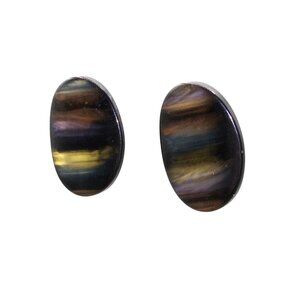 Lucite Earrings, Black Studs with Shimmering Muted Rainbow Sheen in Striped